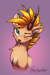 Size: 2000x3000 | Tagged: safe, artist:jedayskayvoker, oc, oc:laurits rutger, deer, :p, blushing, bust, chest fluff, colored, colored sketch, cute, deer oc, ear fluff, full color, gradient background, high res, horns, icon, looking at you, male, non-pony oc, portrait, sketch, solo, stallion, tongue out