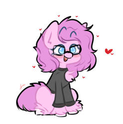 Size: 3319x3358 | Tagged: artist needed, safe, oc, oc only, oc:materlia harvest, earth pony, pony, blushing, chest fluff, chibi, clothes, earth pony oc, female, floating heart, glasses, happy, heart, high res, mare, pink hair, simple background, solo, sweater, transparent background, unshorn fetlocks