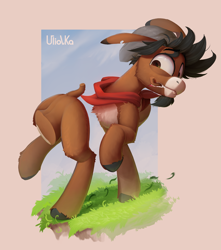 Size: 3607x4080 | Tagged: safe, artist:uliovka, oc, oc only, unnamed oc, donkey, beige background, cliff, commission, disassembly fetish, donkey oc, eyebrows, fetish, half, high res, male, modular, signature, simple background, solo, stallion, tail