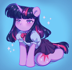 Size: 2893x2804 | Tagged: safe, artist:cherrnichka, twilight sparkle, unicorn, semi-anthro, g4, arm hooves, blouse, clothes, equestria girls outfit, female, high res, mare, skirt, solo, sparkles, unicorn twilight