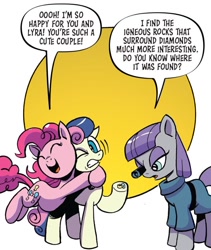 Size: 750x888 | Tagged: safe, artist:andypriceart, idw, bon bon, maud pie, pinkie pie, sweetie drops, earth pony, pony, g4, season 10, spoiler:comic, spoiler:comic89, canon ship, dialogue, emanata, female, implied lesbian, implied lyrabon, implied shipping, jewelry, mare, neck hug, ring, simple background, speech bubble, trio, wedding ring, white background