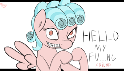 Size: 1366x786 | Tagged: safe, artist:vilord, cozy glow, pegasus, pony, g4, censored, censored vulgarity, creepy, dialogue, looking at you, simple background, solo, weird nose, white background