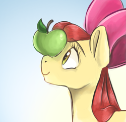 Size: 1017x979 | Tagged: safe, artist:smirk, apple bloom, earth pony, pony, g4, apple, apple bloom's bow, balancing, blue background, bow, bust, eyes on the prize, female, food, gradient background, hair bow, looking at something, ponies balancing stuff on their nose, prize on the eyes, solo