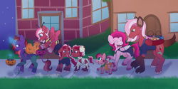 Size: 4000x2000 | Tagged: safe, artist:whimsicalseraph, oc, oc only, oc:cranberry cobbler, oc:mulberry wine, oc:raspberry sorbet, oc:snake bites, oc:strawberry syrup, oc:thimbleberry jam, oc:winterberry parfait, pegasus, pony, unicorn, werewolf, animal costume, bee costume, clothes, colt, costume, fake blood, family, female, filly, foal, frankenstein, frankenstein's monster, glowing, glowing horn, halloween, halloween costume, heart, heart eyes, holiday, horn, incest, magic, magic aura, magical lesbian spawn, male, mummy costume, nightmare night, oc x oc, offspring, pregnant, product of incest, pumpkin bucket, shipping, telekinesis, trans male, transgender, trick or treat, twincest, twins, unshorn fetlocks, vampire costume, wingding eyes, witch costume