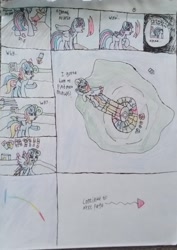 Size: 1503x2128 | Tagged: safe, artist:theinvertedshadow, oc, oc:puzzle shield, alicorn, pony, series:brutalight gets intimate (remade), brutalight sparcake, city, comic, drawing, markiplier, pen drawing, portal, puzzle, rainbow trail, sonic rainboom, spyglass, spying, sword, traditional art, weapon