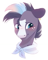 Size: 841x1051 | Tagged: safe, artist:melodylibris, oc, oc only, pony, blaze (coat marking), blushing, bust, coat markings, ear piercing, earring, facial markings, freckles, jewelry, looking away, piercing, simple background, smiling, solo, white background