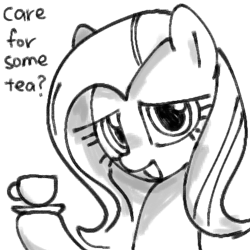 Size: 768x768 | Tagged: safe, artist:omelettepony, fluttershy, pegasus, pony, g4, cup, female, food, hoof hold, looking at you, mare, monochrome, offering, open mouth, open smile, simple background, smiling, solo, talking to viewer, tea, teacup, text
