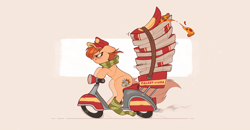 Size: 3808x1985 | Tagged: safe, artist:rexyseven, oc, oc only, oc:rusty gears, earth pony, pony, cap, clothes, driving, earth pony oc, female, floppy ears, food, freckles, hat, mare, pizza, pizza box, pizza delivery, scarf, sitting, smiling, socks, solo, striped scarf, striped socks, vehicle, vespa