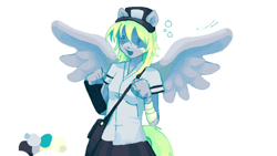 Size: 1000x563 | Tagged: safe, artist:heartwoozy, derpy hooves, pegasus, anthro, g4, arm wraps, bandaid, clothes, female, hat, mare, satchel, shirt, simple background, skirt, solo, spread wings, white background, wings