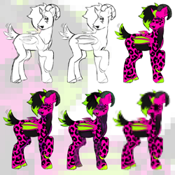 Size: 2000x2000 | Tagged: safe, artist:heartwoozy, oc, oc only, bat pony, coat markings, fangs, high res, horns, leopard print, needs more jpeg, open mouth, raised hoof, short tail, sparkledog, stylistic suck, tail, tail wag, wings