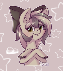 Size: 1044x1177 | Tagged: safe, artist:dsp2003, oc, oc only, oc:stone, earth pony, pony, :3, abstract background, birthday gift art, blushing, bow, bust, crossed hooves, earth pony oc, eyelashes, female, gift art, hair bow, looking at you, mare, portrait, signature, smiling, smiling at you, smug, soft shading, solo, stars