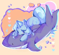 Size: 2100x1987 | Tagged: safe, artist:magentamoshi, trixie, pony, shark, unicorn, g4, blushing, blåhaj, female, high res, mare, plushie, raspberry, riding, shark plushie, solo, tongue out