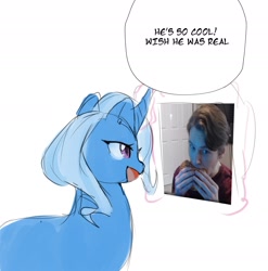 Size: 2100x2123 | Tagged: safe, artist:magentamoshi, trixie, human, pony, unicorn, g4, dialogue, high res, jerma985