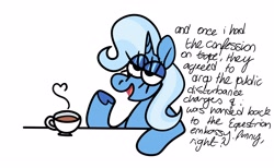 Size: 4096x2524 | Tagged: safe, artist:fizzlefer, trixie, pony, unicorn, g4, coffee, dialogue, lidded eyes, simple background, solo, white background