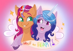 Size: 2388x1668 | Tagged: safe, artist:art_alanis, izzy moonbow, sunny starscout, earth pony, pony, unicorn, g5, duo, eyebrows, eyebrows visible through hair, female, gradient background, happy, hoof to heart, hug, lesbian, looking at each other, looking at someone, mane stripe sunny, open mouth, open smile, ship:moonscout, shipping, smiling, sparkles, unshorn fetlocks