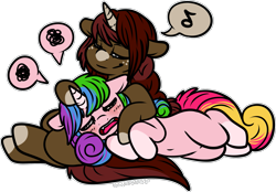 Size: 1889x1312 | Tagged: safe, artist:sexygoatgod, oc, oc only, oc:cinnamon sugar, oc:rainy shine, pony, unicorn, aunt and niece, chibi, cuddling, disguise, disguised changeling, duo, simple background, transparent background, venting