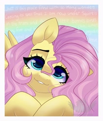 Size: 2200x2600 | Tagged: safe, artist:skyboundsiren, fluttershy, pegasus, pony, g4, bust, cute, female, full face view, head tilt, high res, looking at you, mare, passepartout, rainbow, shyabetes, smiling, smiling at you, so many wonders, solo, stray strand, wings