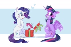 Size: 3000x2000 | Tagged: safe, artist:anotherdeadrat, rarity, twilight sparkle, alicorn, pony, unicorn, blushing, clothes, commission, duo, female, grin, heart, lesbian, lidded eyes, mare, nervous, nervous grin, partially open wings, physique difference, present, rarilight, scarf, shipping, sitting, slim, smiling, spread wings, thin, twilight sparkle (alicorn), wings