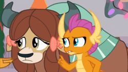 Size: 520x293 | Tagged: safe, screencap, gallus, smolder, yona, dragon, yak, g4, season 8, the hearth's warming club, animated, can't argue with that, dragoness, duo, female, gif, monkey swings, offscreen character, open mouth, shrug