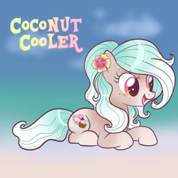 Size: 2048x2048 | Tagged: safe, artist:art_alanis, oc, oc only, oc:coconut cooler, earth pony, pony, flower, flower in hair, freckles, high res, lying down, open mouth, open smile, prone, smiling, solo