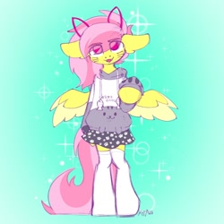 Size: 1500x1500 | Tagged: safe, artist:koapony, oc, oc only, oc:koa, pegasus, semi-anthro, arm hooves, cat ears, clothes, colored wings, colored wingtips, cute, cute little fangs, eye clipping through hair, eyebrows, eyebrows visible through hair, fangs, floppy ears, hair over eyes, hoodie, nyah, skirt, smiling, socks, solo, spread wings, thigh highs, two toned wings, whiskers, wings