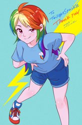 Size: 2228x3406 | Tagged: safe, artist:tsunemoku, rainbow dash, human, g4, adorasexy, breasts, busty rainbow dash, clothes, cute, cutie mark on clothes, female, high res, humanized, light skin, pants, sexy, shirt, sneakers, solo, tomboy