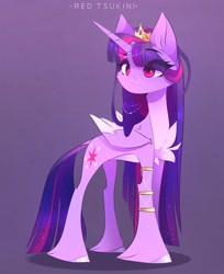 Size: 2149x2635 | Tagged: safe, artist:red_tsukini, twilight sparkle, alicorn, pony, g4, alternate design, bracelet, chest fluff, colored wings, colored wingtips, concave belly, crown, ethereal mane, eye clipping through hair, eyebrows, eyebrows visible through hair, female, folded wings, high res, hoof fluff, hooves, jewelry, leg fluff, leg rings, leonine tail, long mane, mare, pale belly, regalia, slender, solo, standing, starry mane, starry tail, tail, thin, turned head, twilight sparkle (alicorn), two toned wings, unshorn fetlocks, wings