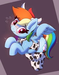 Size: 2372x3000 | Tagged: safe, artist:pabbley, rainbow dash, pegasus, pony, g4, adorasexy, belly, belly button, blushing, chubby, clothes, cow horns, cow socks, cow suit, cowprint, cute, dashabetes, female, high res, horns, mare, rainbovine dash, sexy, smiling, socks, solo, stockings, thigh highs