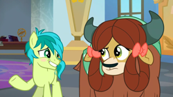 Size: 1920x1080 | Tagged: safe, screencap, sandbar, yona, earth pony, pony, yak, g4, season 9, she's all yak, 1080p, awkward, awkward moment, awkward smile, blushing, colt, confused, duo, female, foal, implied shipping, implied straight, implied yonabar, looking at each other, looking at someone, male, monkey swings, ship:yonabar, shipping, smiling, straight