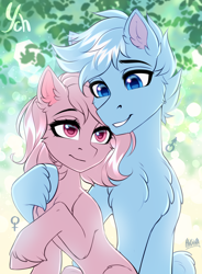 Size: 2060x2800 | Tagged: safe, artist:hakaina, oc, oc only, unnamed oc, earth pony, pony, belly, blurry background, cheek fluff, chest fluff, colored, colored sketch, commission, concave belly, couple, cute, duo, ear fluff, eyebrows, female, female symbol, grin, height difference, high res, hoof fluff, hooves, hug, lidded eyes, lighting, looking at each other, looking at someone, male, male symbol, mare, ocbetes, raised hoof, rose eyes, shading, signature, sitting, sketch, slender, smiling, smiling at each other, stallion, thin, unshorn fetlocks, ych example, your character here