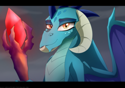 Size: 1024x719 | Tagged: safe, artist:mercurycraft7, princess ember, dragon, g4, bloodstone scepter, dragon lord ember, dragoness, female, glowing, holding something, looking at you, smiling, solo