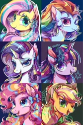 Size: 1367x2048 | Tagged: safe, artist:tkotu1, applejack, fluttershy, pinkie pie, rainbow dash, rarity, twilight sparkle, earth pony, pegasus, pony, unicorn, mane six, rainbow power
