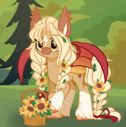 Size: 2556x2587 | Tagged: safe, artist:emberslament, oc, oc only, oc:sunflower honey, bat pony, pony, basket, bow, braid, braided pigtails, braided tail, female, flower, flower in hair, freckles, mare, pigtails, solo, sunflower, tail, tail bow, unshorn fetlocks