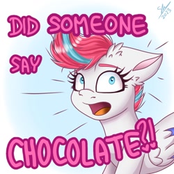 Size: 1280x1280 | Tagged: safe, artist:galaxy swirl, zipp storm, pegasus, pony, g5, spoiler:g5, bloodshot eyes, chocolate with nuts, colored wings, dialogue, exclamation point, eyebrows, eyebrows visible through hair, female, floppy ears, folded wings, mare, open mouth, question mark, signature, solo, spongebob squarepants, that pony sure does love chocolate, wings