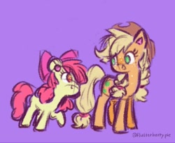 Size: 1003x823 | Tagged: safe, artist:flutterberrypie, apple bloom, applejack, earth pony, pony, g4, adorabloom, apple sisters, applejack's hat, blank flank, colored pinnae, cowboy hat, cute, duo, duo female, female, filly, foal, freckles, hat, lavender background, looking at each other, looking at someone, mare, no pupils, open mouth, open smile, raised hoof, round ears, siblings, signature, simple background, sisters, smiling