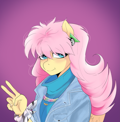 Size: 1853x1887 | Tagged: safe, artist:aztrial, fluttershy, pegasus, anthro, g4, spoiler:comic67, 80's fashion, 80s, 80s hair, alternate hairstyle, clothes, denim, denim jacket, ear piercing, earring, female, jacket, jewelry, messy hair, necklace, peace sign, piercing, purple background, simple background, solo, turtleneck, wristband