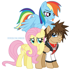 Size: 900x887 | Tagged: safe, artist:jennieoo, fluttershy, rainbow dash, pegasus, pony, g4, blushing, kingdom hearts, ponified, show accurate, simple background, smiling, sora, spread wings, tongue out, transparent background, trio, vector, wings