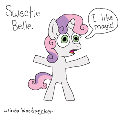 Size: 845x792 | Tagged: safe, artist:windywoodpecker, sweetie belle, pony, unicorn, g4, bipedal, cute, diasweetes, female, filly, foal, how to draw, implied twilight sparkle, magic, simple background, solo, speech bubble, talking, tutorial, white background