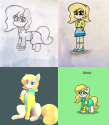 Size: 1740x1992 | Tagged: safe, artist:anonymous, oc, oc:jenny, earth pony, human, pony, pony town, equestria girls, g4, blonde hair, blonde mane, blonde tail, clothes, commission, equestria girls-ified, flats, hand on hip, humanized, scarf, shoes, skirt, smiling, socks, solo, sweater, tail