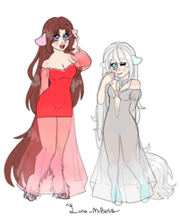 Size: 597x744 | Tagged: safe, alternate version, artist:luna_mcboss, oc, oc only, oc:althea, oc:yamire, satyr, arm behind back, blue eyes, blushing, brown hair, clothes, dress, duo, gown, humanized, humanized oc, jewelry, long hair, looking at you, necklace, one eye closed, simple background, unshorn fetlocks, white background, white hair, wink, winking at you