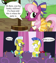 Size: 1920x2160 | Tagged: safe, edit, edited screencap, screencap, cheerilee, earth pony, pony, g4, sparkle's seven, the cart before the ponies, armor, cheerileeder, cheerleader, confetti, excited, female, high res, male, mare, royal guard, ship:cheeriguard, shipping, shipping domino, smiling, speech bubble, stallion, straight, streamers