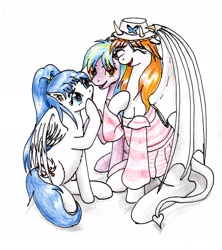 Size: 2203x2482 | Tagged: safe, artist:40kponyguy, derpibooru exclusive, oc, oc:clarise, oc:flame burst, oc:vanilla, pegasus, pony, derpibooru community collaboration, clothes, cute, dress, ear fluff, female, hat, high res, looking at each other, looking at someone, looking at you, male, mare, pegasus oc, raised hoof, simple background, stallion, traditional art, trio, white background