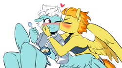 Size: 1161x646 | Tagged: safe, artist:redxbacon, fleetfoot, spitfire, pegasus, anthro, g4, blushing, cheek kiss, clothes, duo, eyes closed, female, fleetfire, floppy ears, food, ice cream, jacket, kissing, lesbian, one eye closed, shipping, simple background, spoon, sports bra, spread wings, warmup suit, white background, wings