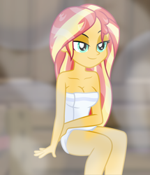 Size: 4944x5760 | Tagged: safe, artist:emeraldblast63, sunset shimmer, human, equestria girls, g4, absurd resolution, bare shoulders, breasts, busty sunset shimmer, eyebrows, female, lidded eyes, naked towel, sauna, sitting, smiling, solo, steam, steam room, towel, wet hair