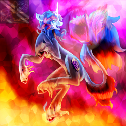 Size: 5800x5800 | Tagged: safe, artist:florarena-kitasatina/dragonborne fox, oc, oc only, oc:crimson flame, pony, unicorn, absurd file size, absurd resolution, black sclera, book, cloven hooves, crystallized, fire, horn, leonine tail, my eyes, quill, rearing, signature, tail, terastallized, unicorn oc, unshorn fetlocks, watermark