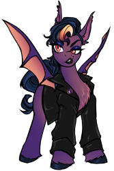 Size: 957x1429 | Tagged: safe, artist:pixxpal, oc, oc:bea, oc:beatrice, bat pony, pony, 2023 community collab, derpibooru community collaboration, clothes, cool, cyber, eyeshadow, female, jacket, leather, leather jacket, lipstick, makeup, noir, simple background, solo, transparent background