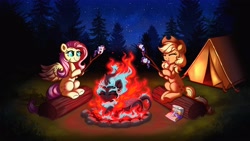 Size: 3840x2160 | Tagged: safe, alternate version, artist:confetticakez, applejack, autumn blaze, fluttershy, rarity, earth pony, kirin, nirik, pegasus, pony, g4, awwtumn blaze, campfire, camping, cloven hooves, cooked alive, cooking, cute, eyes closed, fire, food, forest, happy, high res, horrifying, lying down, marshmallow, mundane utility, night, nirikbetes, prone, raribetes, rarity is a marshmallow, s'mores, scared, smiling, spread wings, stars, tent, varying degrees of amusement, wings