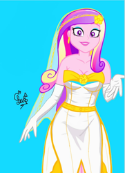 Size: 952x1316 | Tagged: safe, alternate version, artist:flutteryaylove, derpibooru exclusive, edit, editor:enrique zx, dean cadance, princess cadance, human, canterlot wedding 10th anniversary, a canterlot wedding, equestria girls, g4, blue background, breasts, busty princess cadance, clothes, dress, female, horn, looking at you, show accurate, simple background, smiling, solo, veil, wedding dress, wedding veil, wings