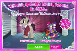 Size: 1959x1300 | Tagged: safe, gameloft, saddler daily, earth pony, pony, g4, my little pony: magic princess, advertisement, background character, background pony, brush, clothes, costs real money, english, facial hair, flower, introduction card, male, mannequin, mobile game, moustache, necktie, numbers, sale, salvador dalí, scissors, solo, stallion, text, wig