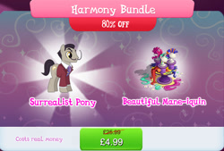 Size: 1266x858 | Tagged: safe, gameloft, saddler daily, earth pony, pony, g4, my little pony: magic princess, background character, background pony, brush, bundle, clothes, costs real money, english, facial hair, flower, male, mannequin, mobile game, moustache, necktie, numbers, sale, salvador dalí, scissors, solo, stallion, text, wig